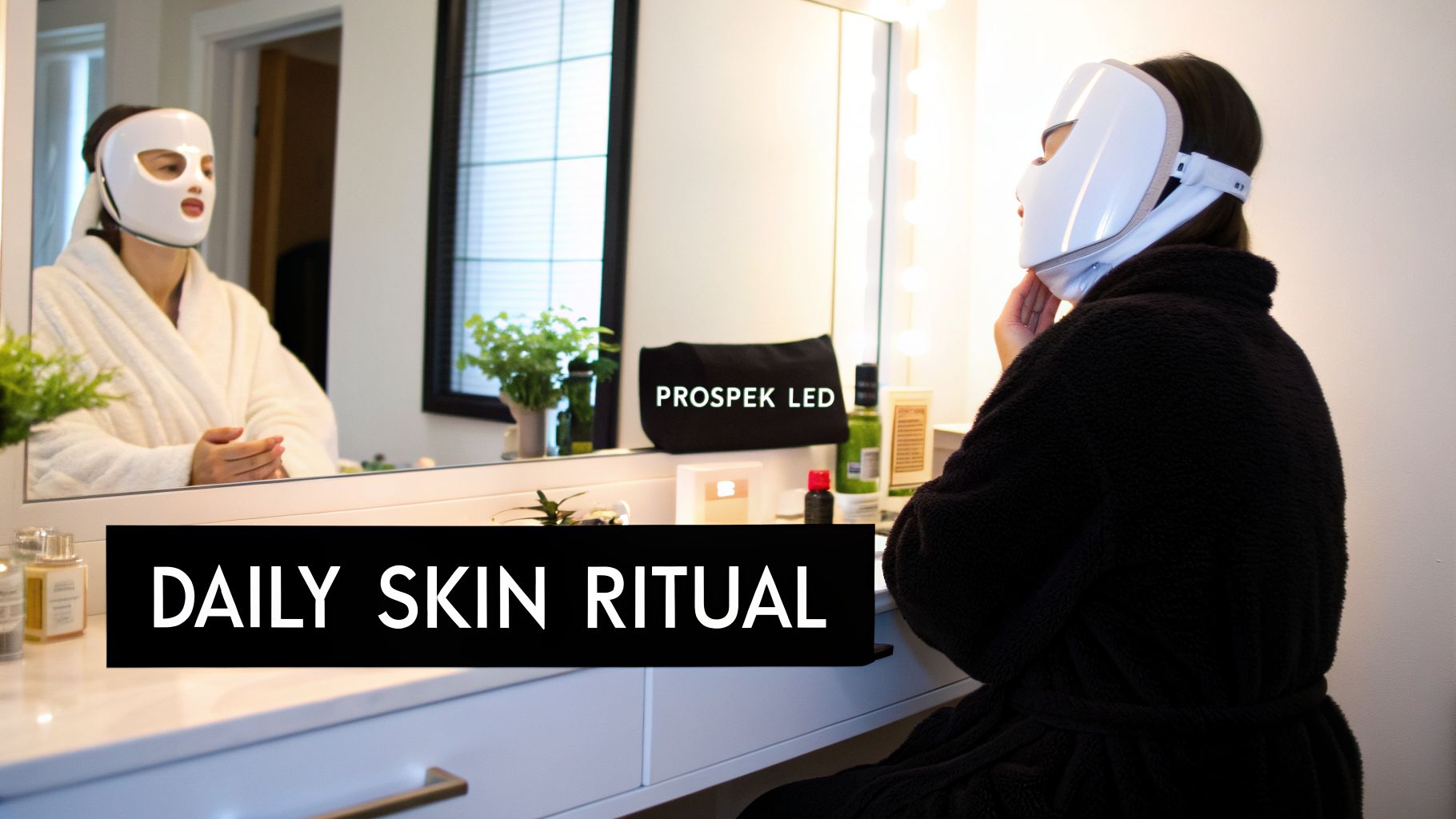 A woman wearing a white LED light therapy mask sits at a vanity, looking in a mirror.