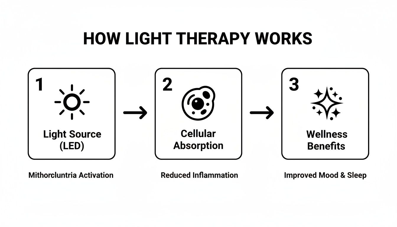 Diagram illustrating how light therapy works, from LED light source to cellular absorption and wellness benefits.
