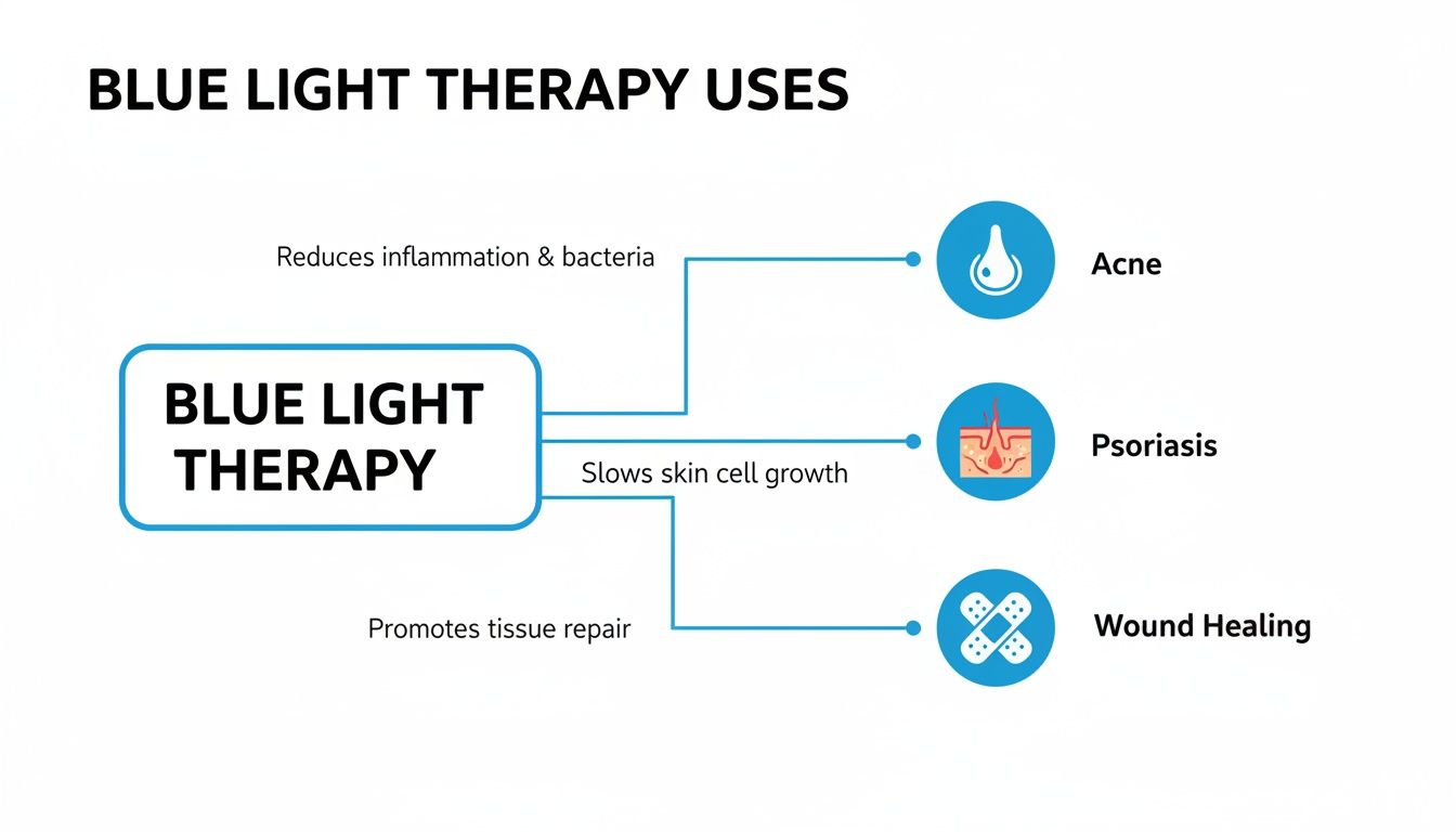 An infographic showcasing blue light therapy uses for acne, psoriasis, and wound healing, detailing benefits.