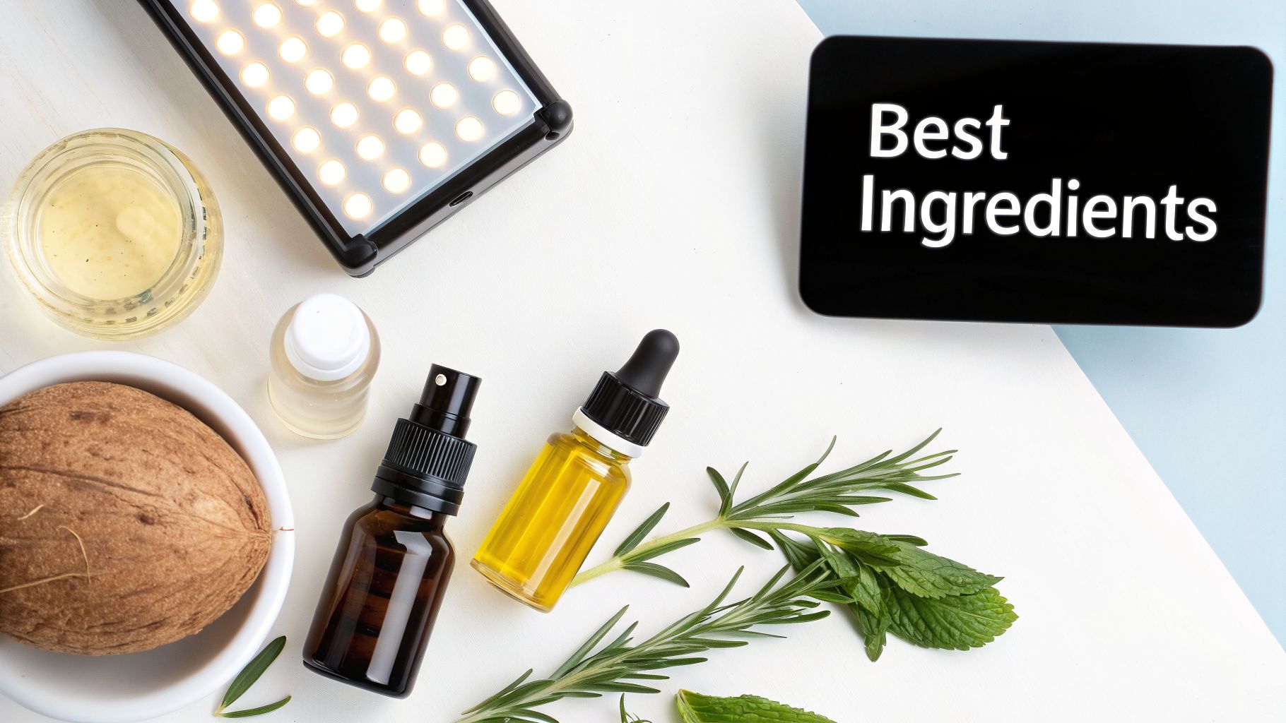 Flat lay of natural beauty ingredients like coconut, oils, rosemary, and mint for DIY treatments.