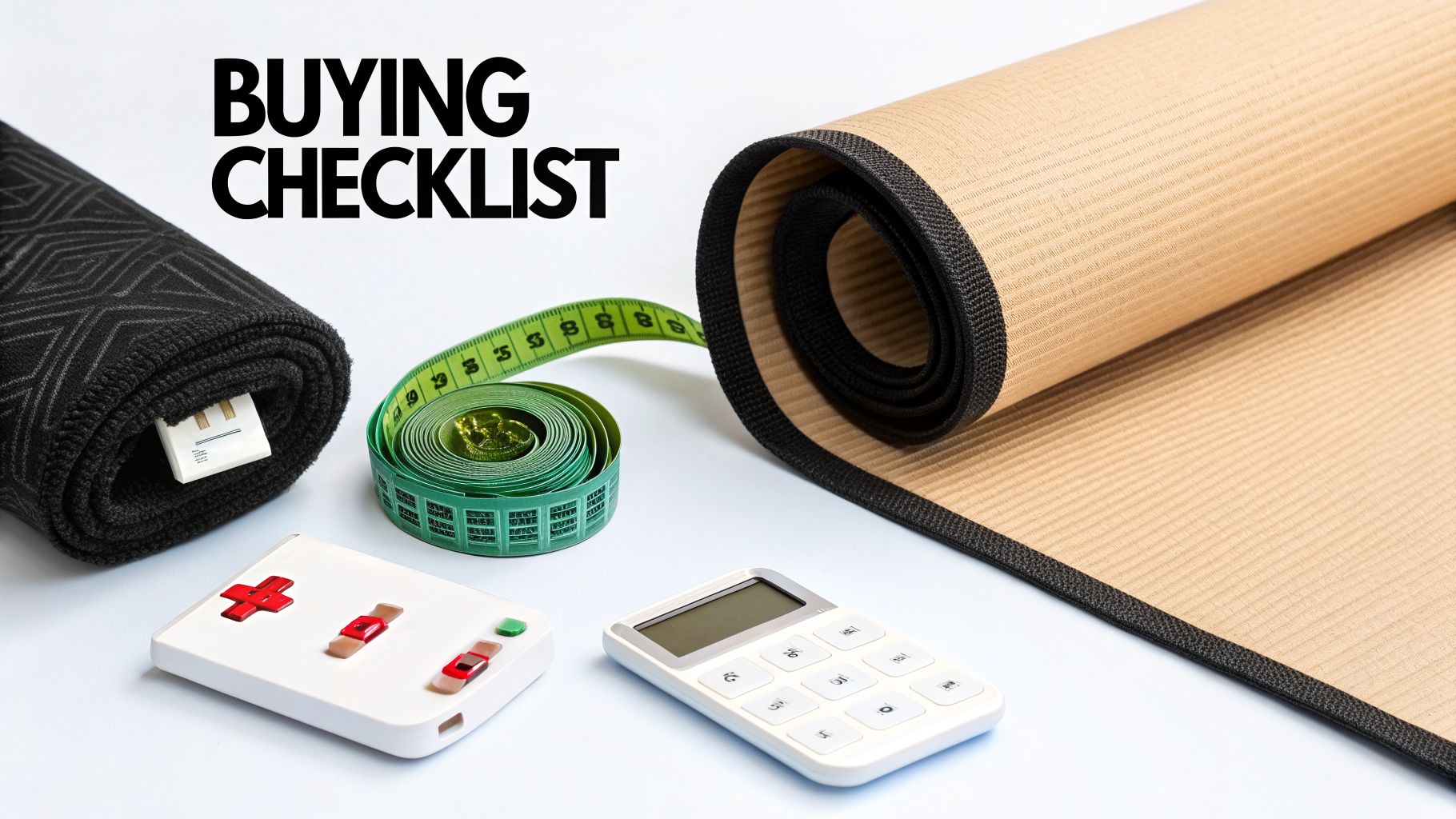 A buying checklist with infrared therapy mats, measuring tape, and calculator for purchase planning.
