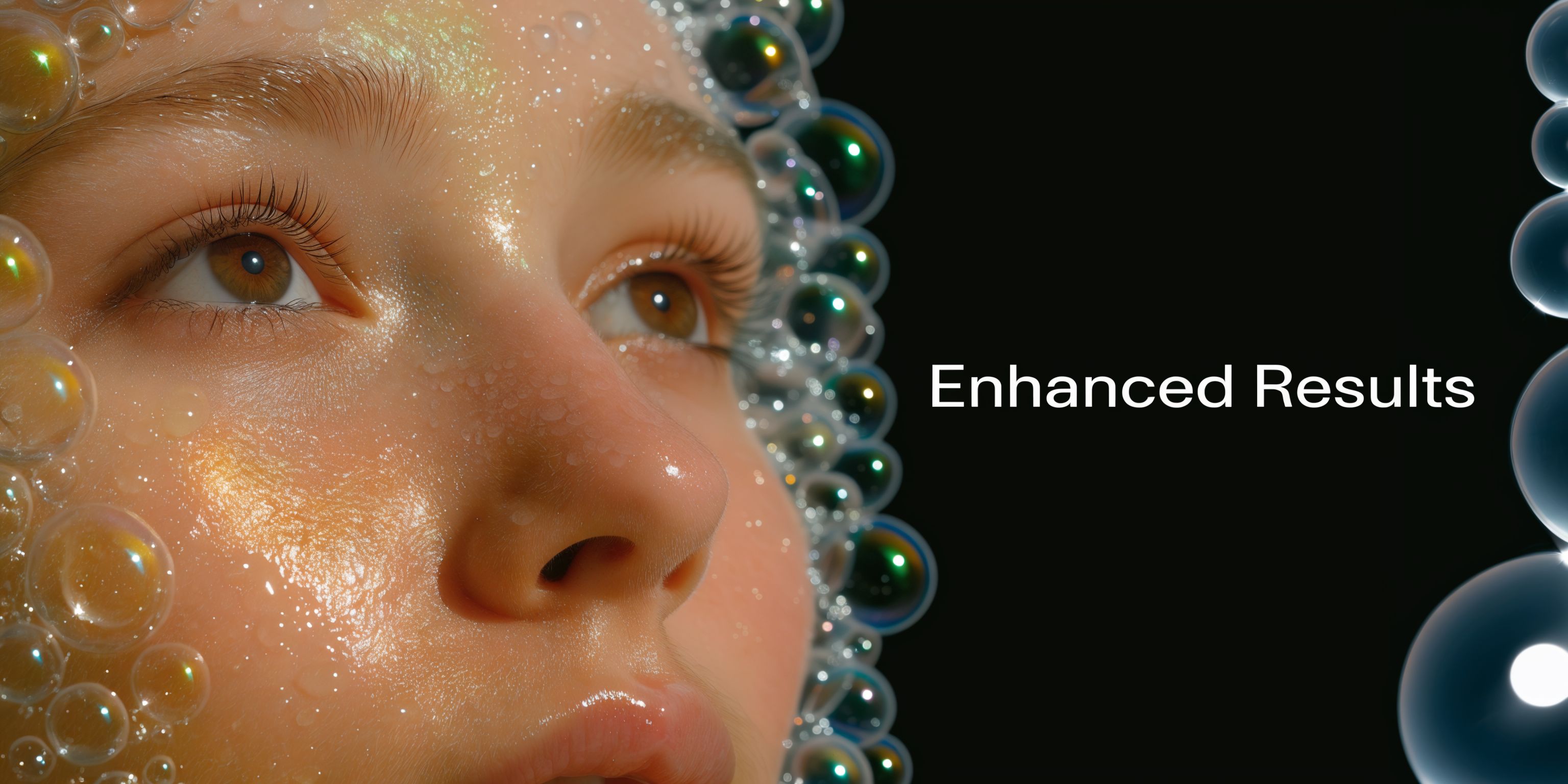 A close-up portrait of a woman with glowing, dewy skin..."
![A close-up portrait of a woman with glowing, dewy skin surrounded by iridescent bubbles against a black background.