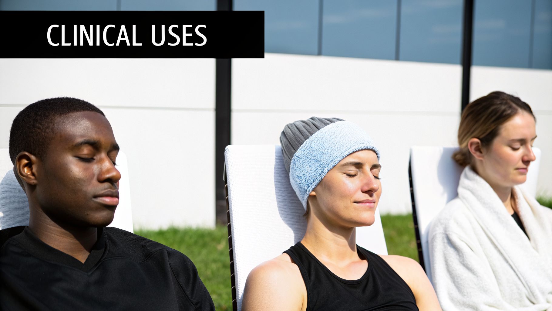 Three diverse people relaxing outdoors in lounge chairs, one wearing a clinical therapy cap.