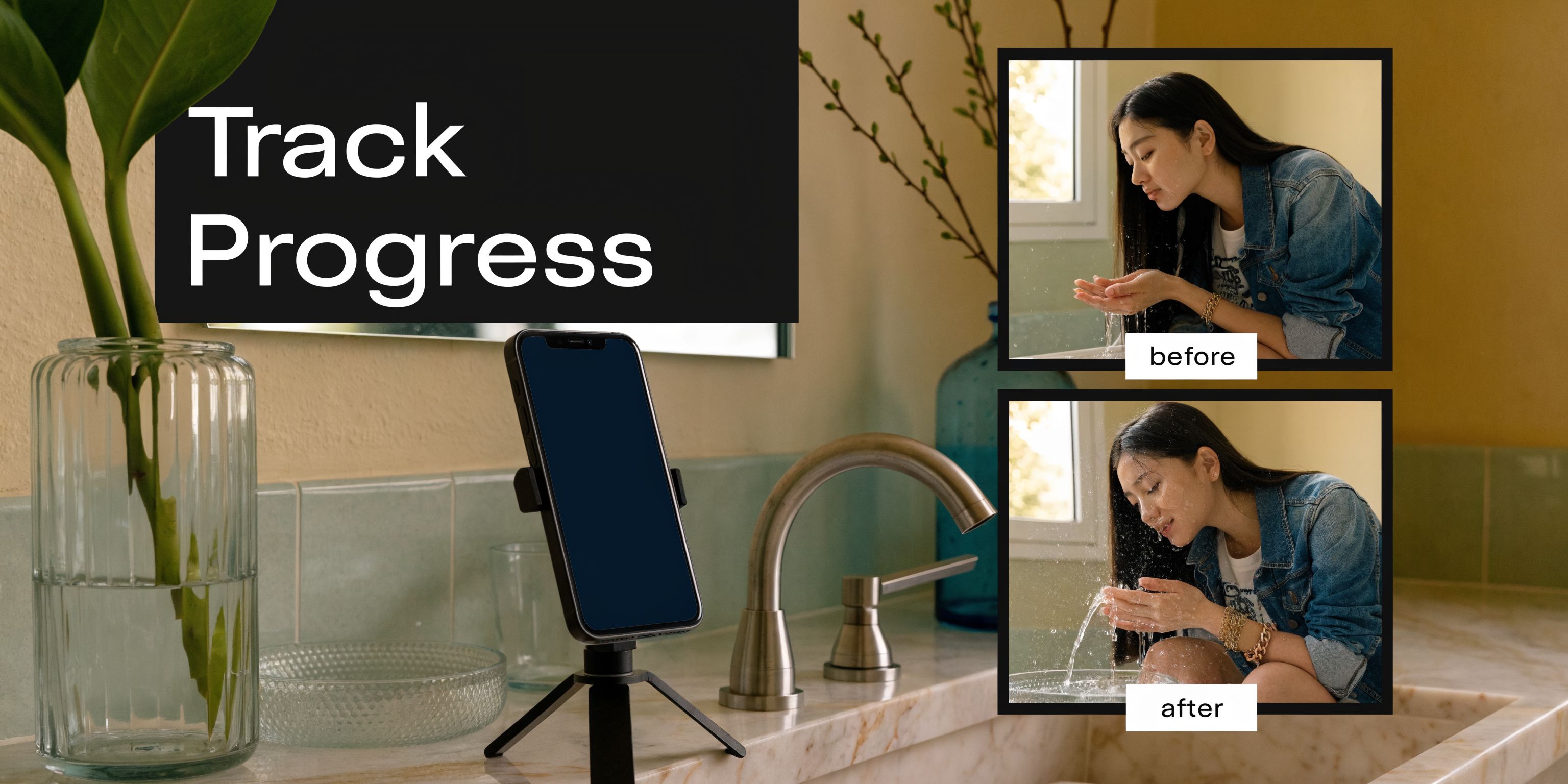 A smartphone on a tripod next to before and after photos of a woman washing her face.