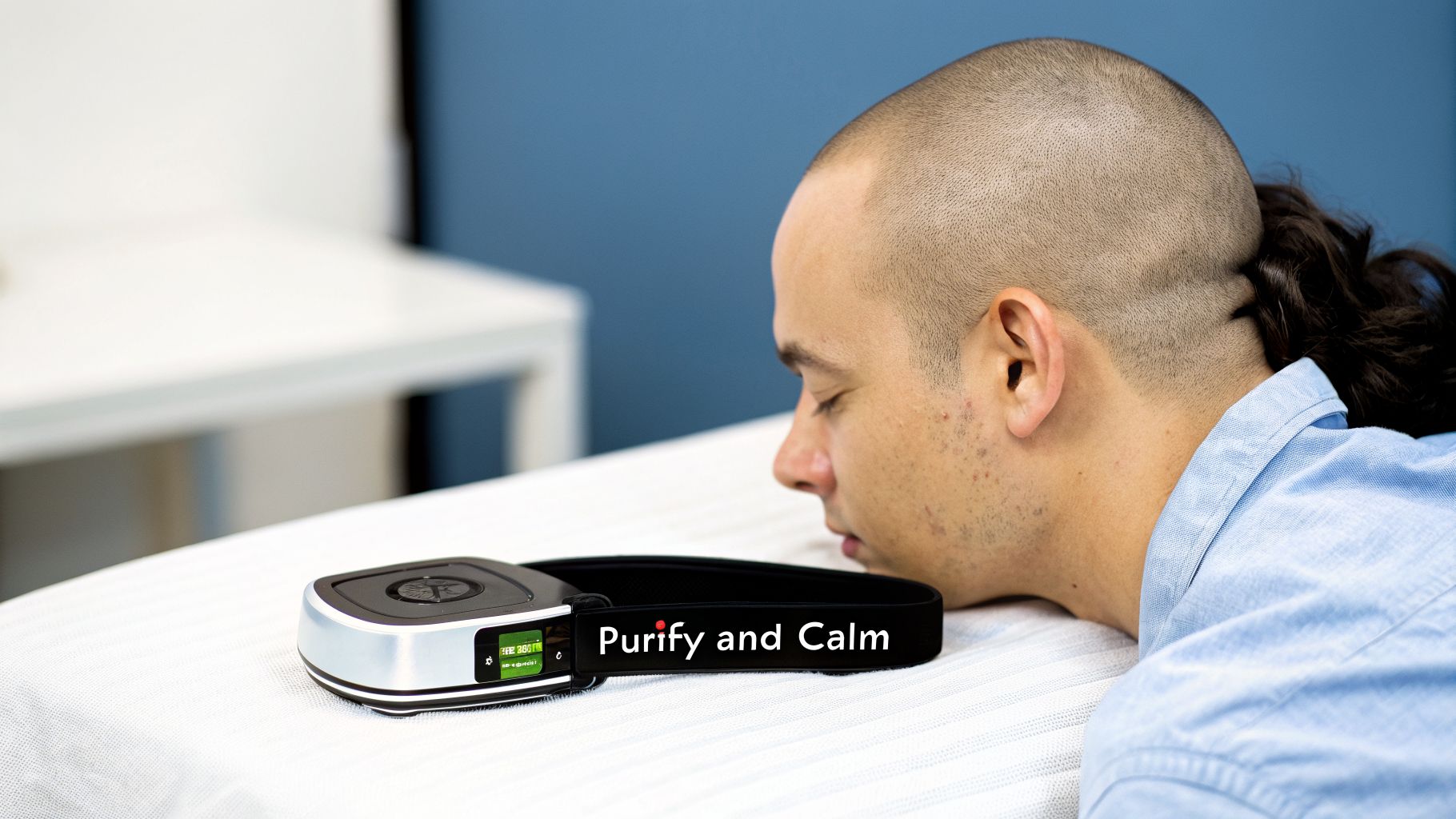 A person with a shaved head lies next to a 'Purify and Calm' therapeutic device.