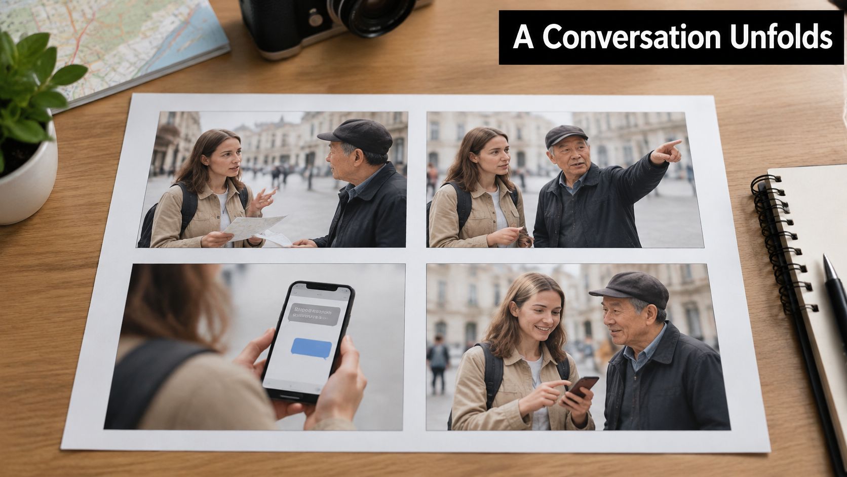 A photo collage showing a young woman and an older man interacting and using a smartphone.