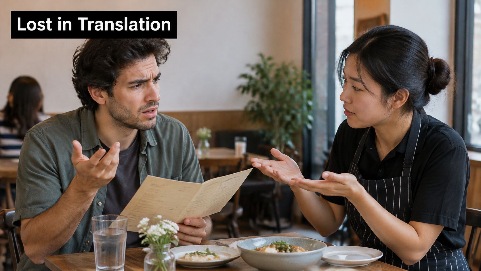 A confused male customer talks to a restaurant employee while holding a menu at a table.