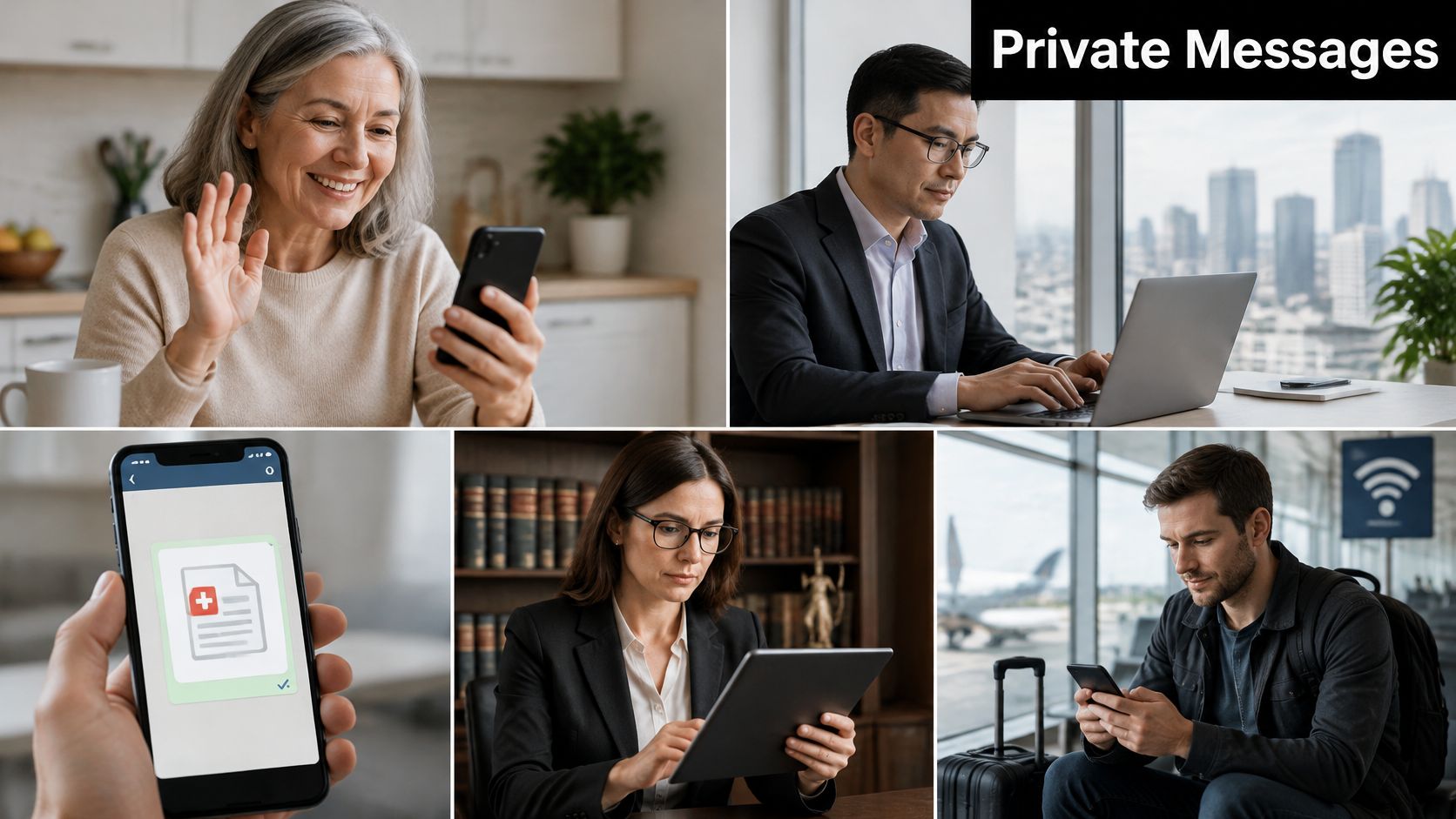 A collage showing various people using digital devices for communication and secure data access in different settings.