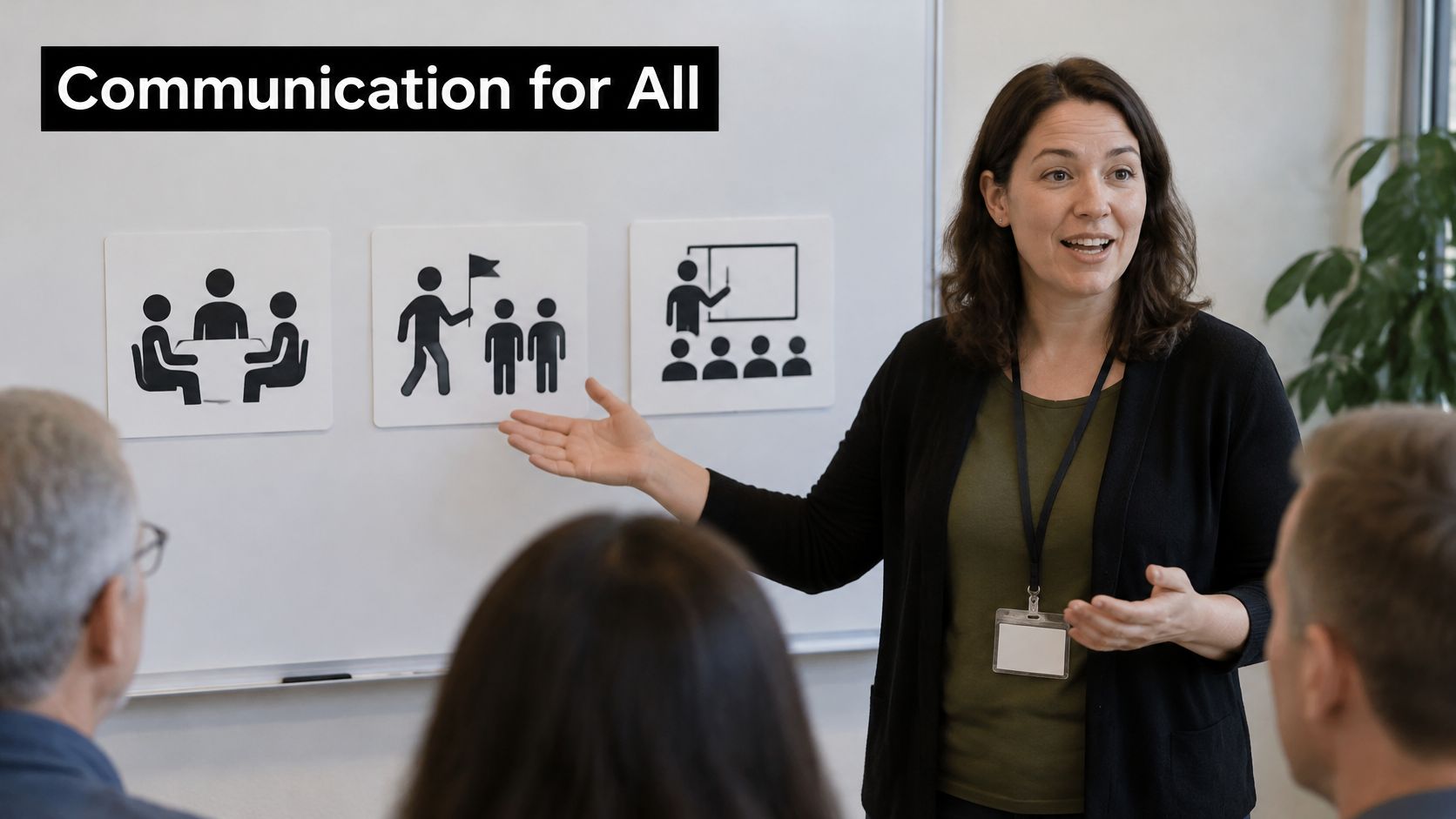 A facilitator presenting visual communication icons to a diverse group during a professional workshop session.