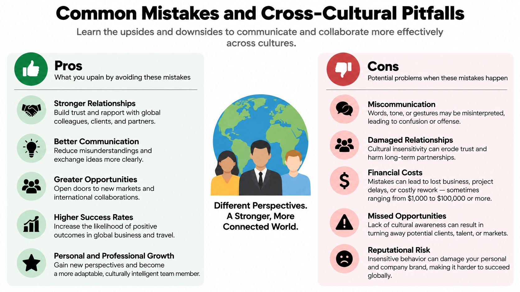 An infographic comparing the pros and cons of cross-cultural communication mistakes and building global professional relationships.