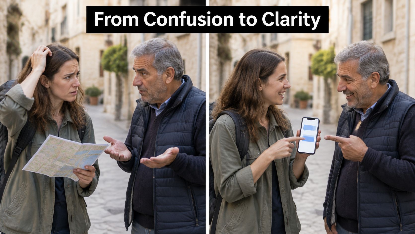 A woman and an older man looking confused with a paper map, then smiling while looking at a smartphone.