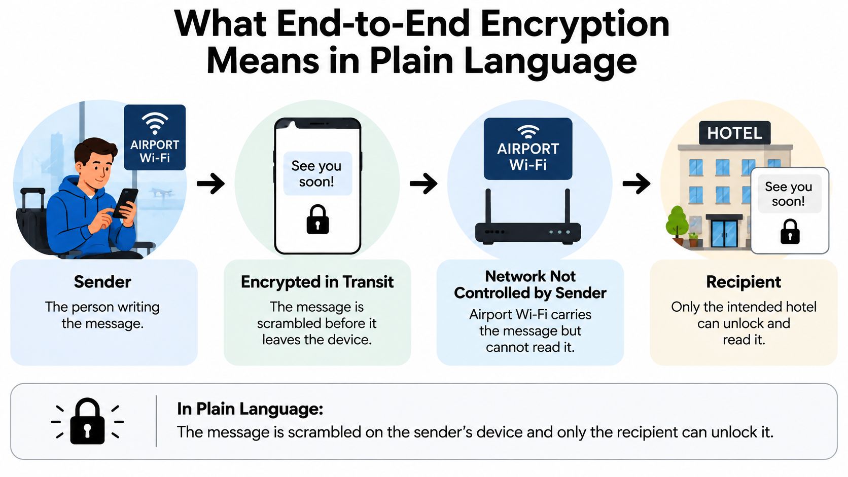 An infographic explaining end-to-end encryption showing a message being sent securely from a traveler to a hotel.