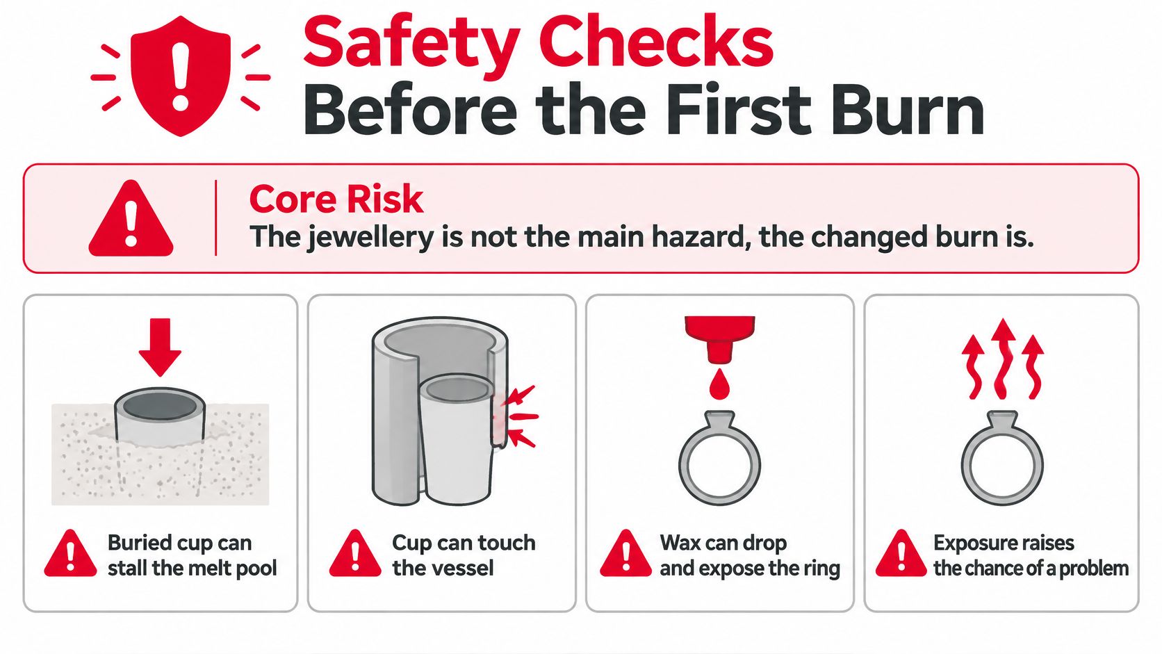 An infographic detailing safety precautions for candles with rings, illustrating risks of buried cups and wax exposure.