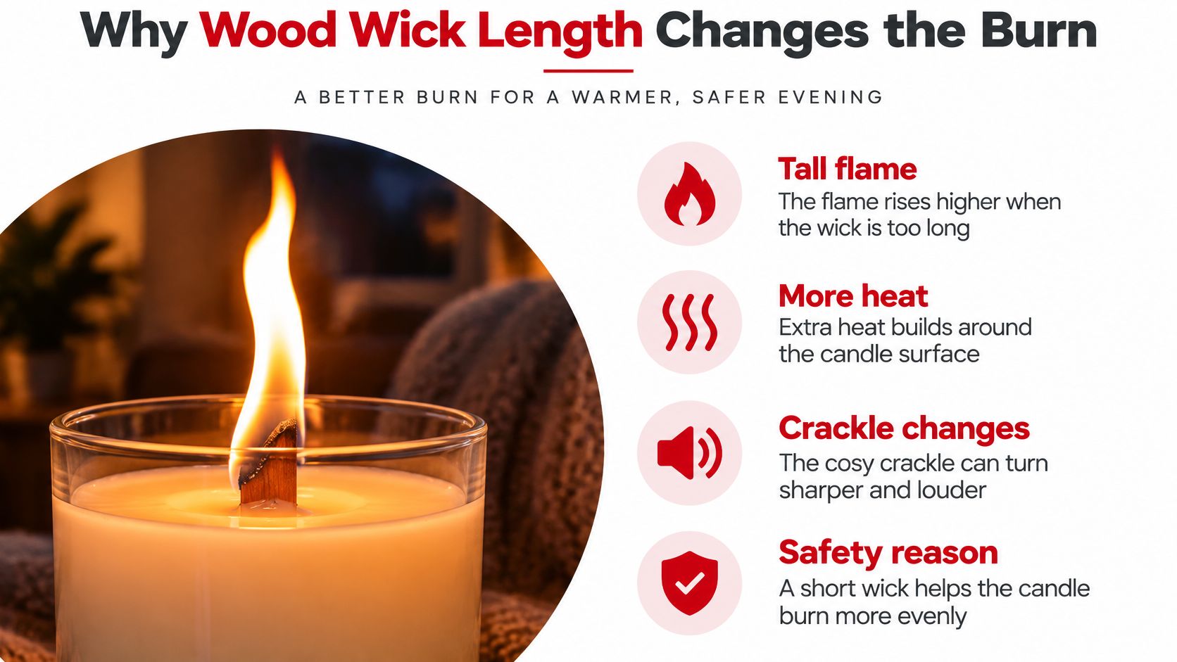 An infographic explaining how the length of a wood candle wick affects flame height, heat, crackle, and safety.