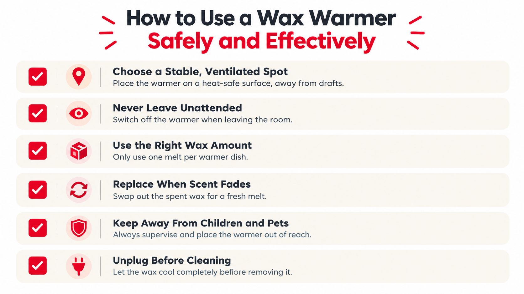 An infographic titled How to Use a Wax Warmer Safely and Effectively with six helpful safety tips.