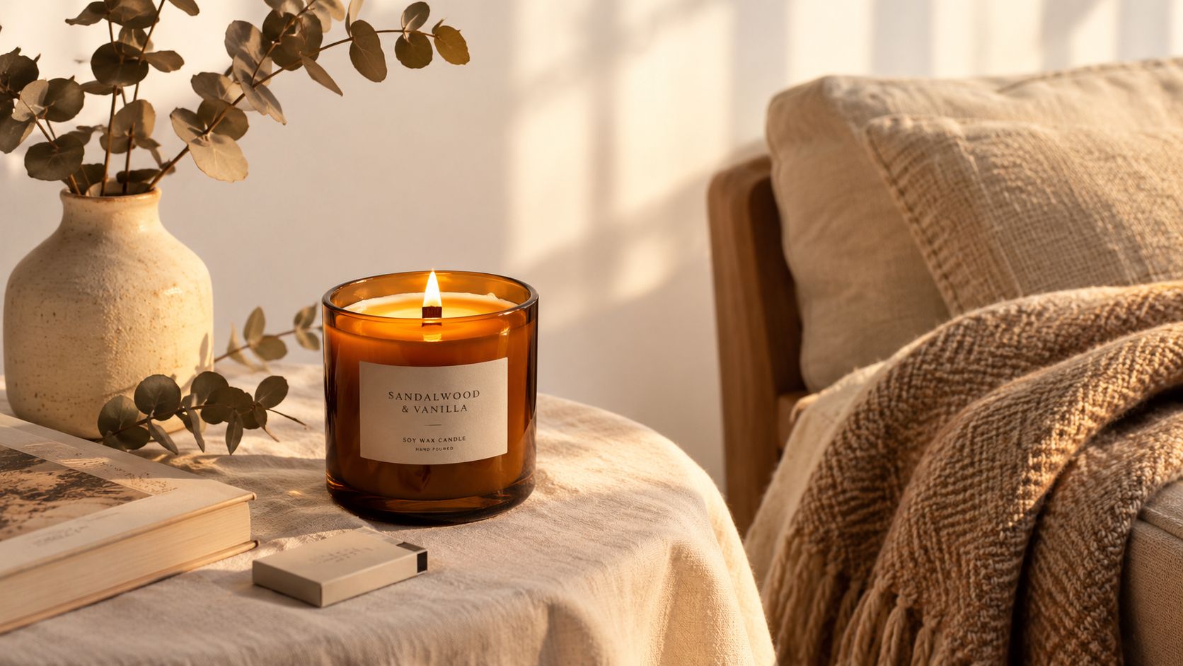 A lit sandalwood and vanilla soy wax candle on a table with a book and dried flowers.