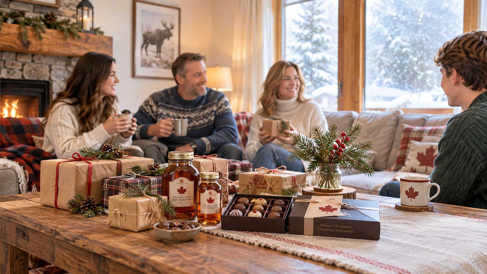 A happy family celebrating the holidays together in a cozy living room with maple syrup and chocolates.
