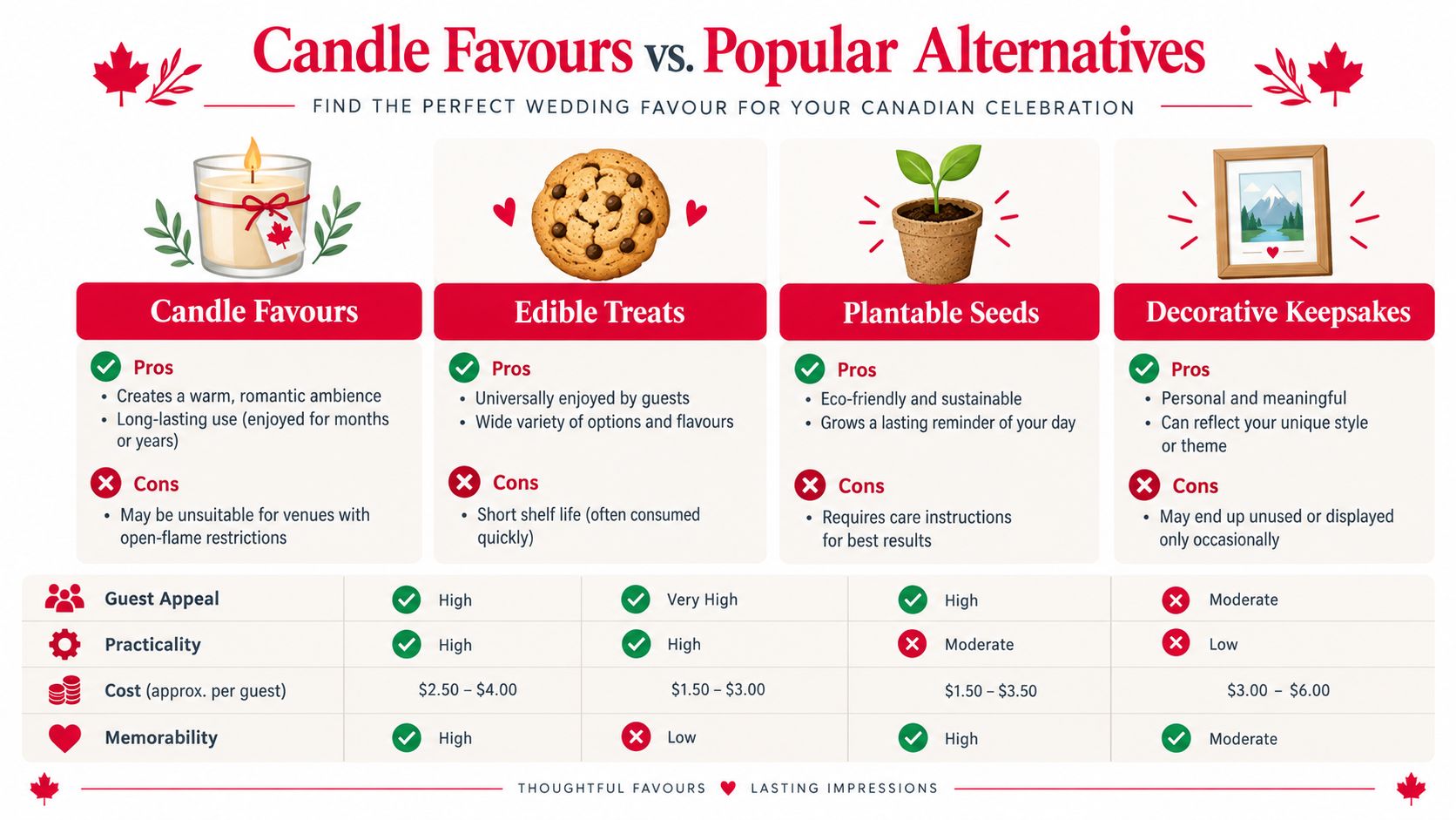 A comparison chart showing pros and cons of candle favours versus edible treats, plantable seeds, and decorative keepsakes.