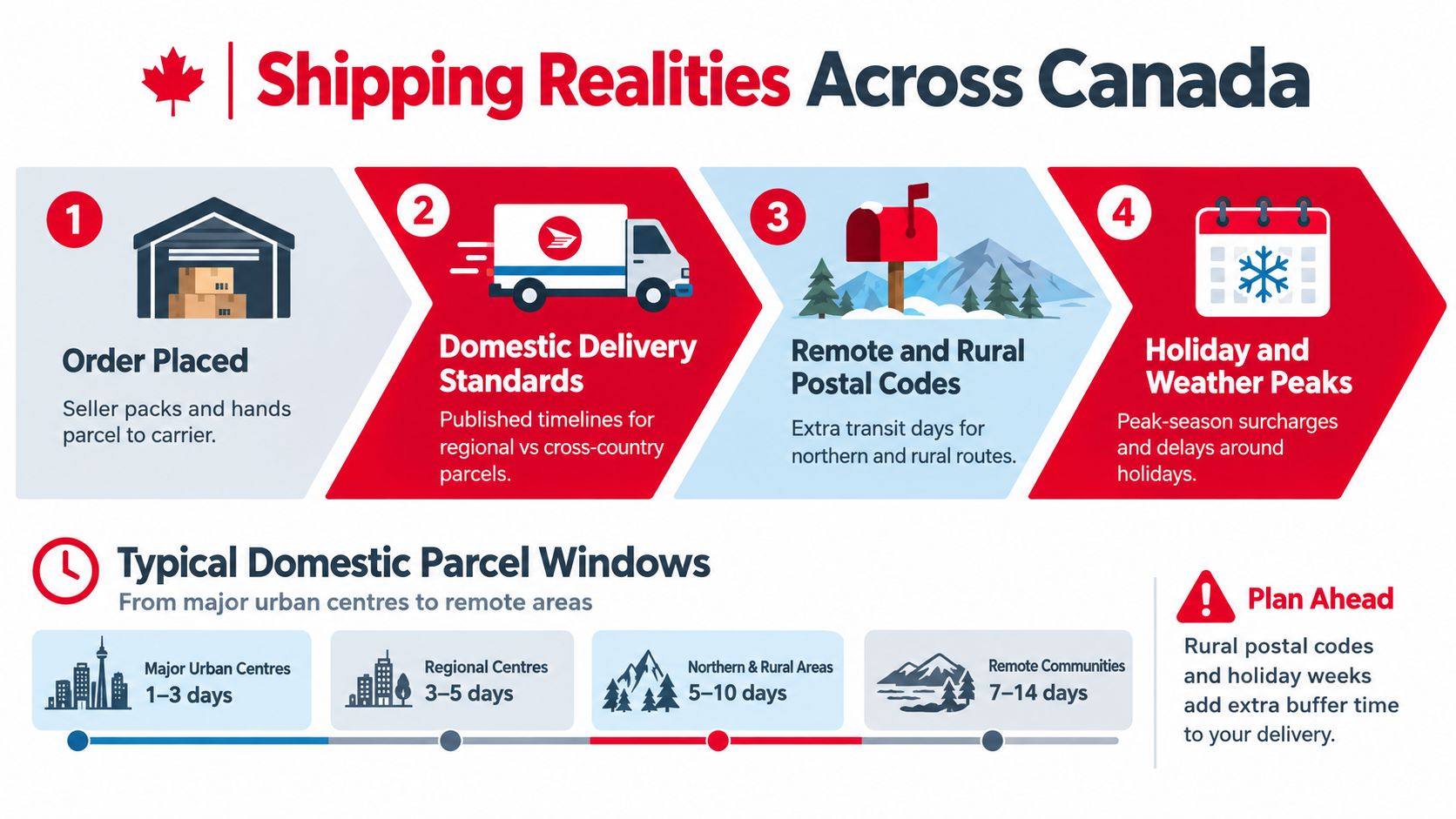 An infographic titled Shipping Realities Across Canada outlining delivery timelines for different regions and peak season factors.