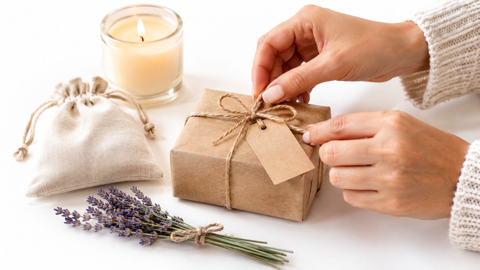 A pair of hands wrapping a small brown gift box with a lavender sprig and candle nearby.