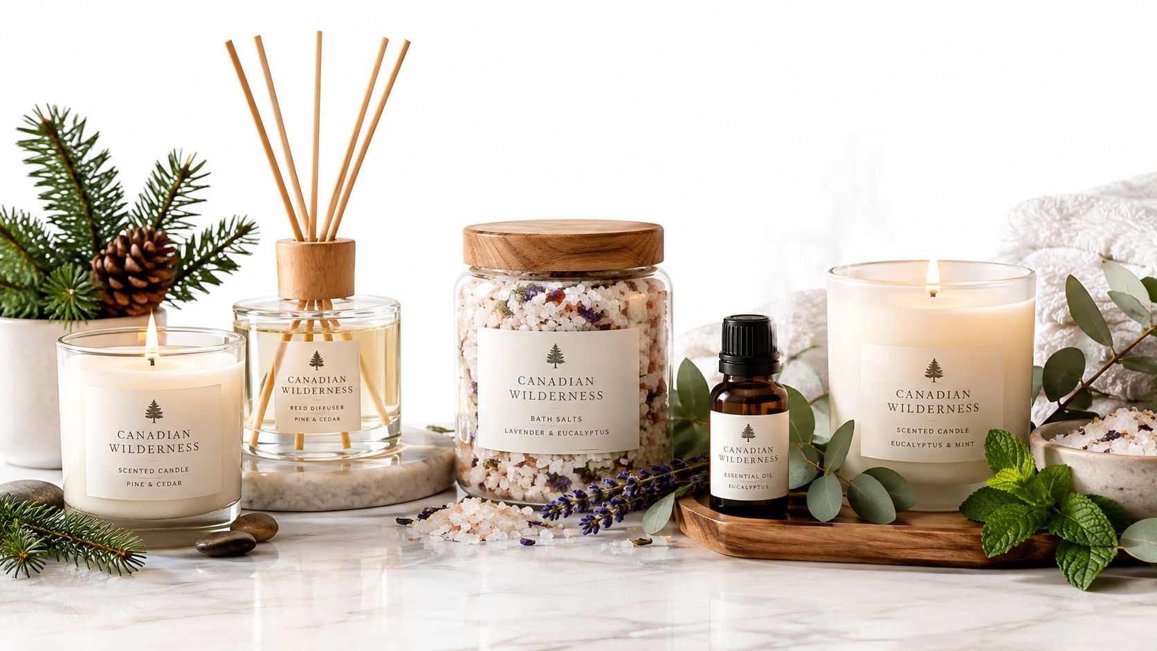 A serene collection of spa products featuring candles, essential oils, and bath salts on a marble surface.