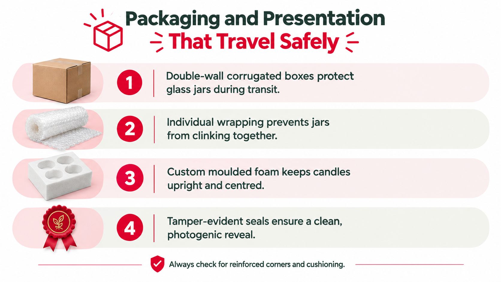 An infographic detailing four safety measures for packaging candle gift sets, including boxes, bubble wrap, foam, and seals.