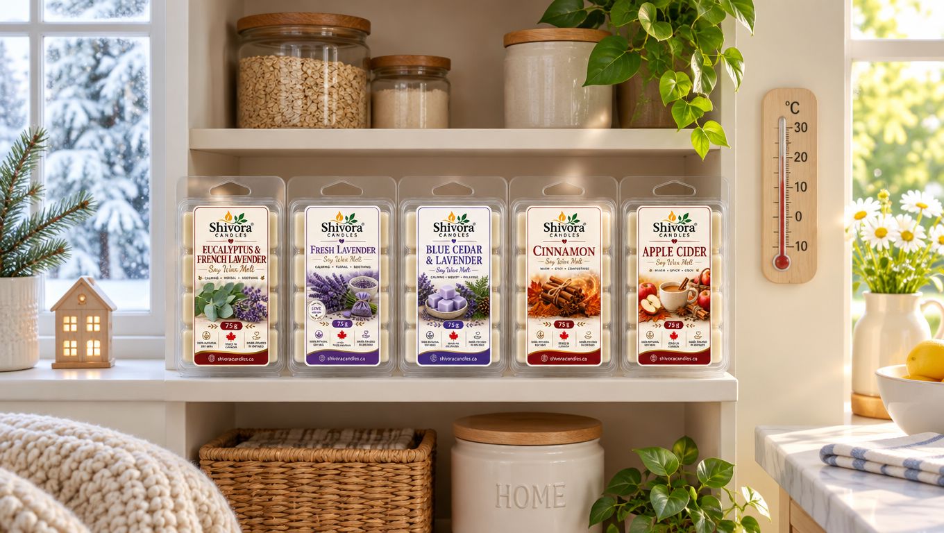A shelf displaying five packages of Shivora soy wax melts, featuring various scents against a snowy window backdrop.
