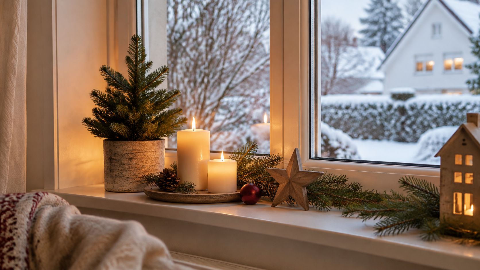 A cozy windowsill decorated with Christmas trees, lit candles, pine branches, and ornaments during a snowy winter day.