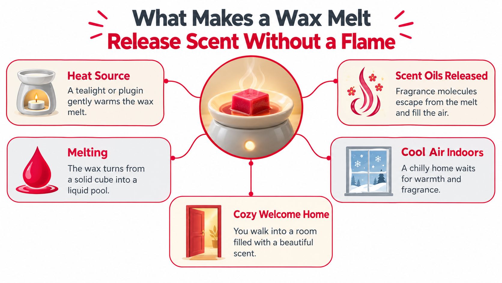 An infographic explaining how wax melts release scent through a gentle heating process without a flame.