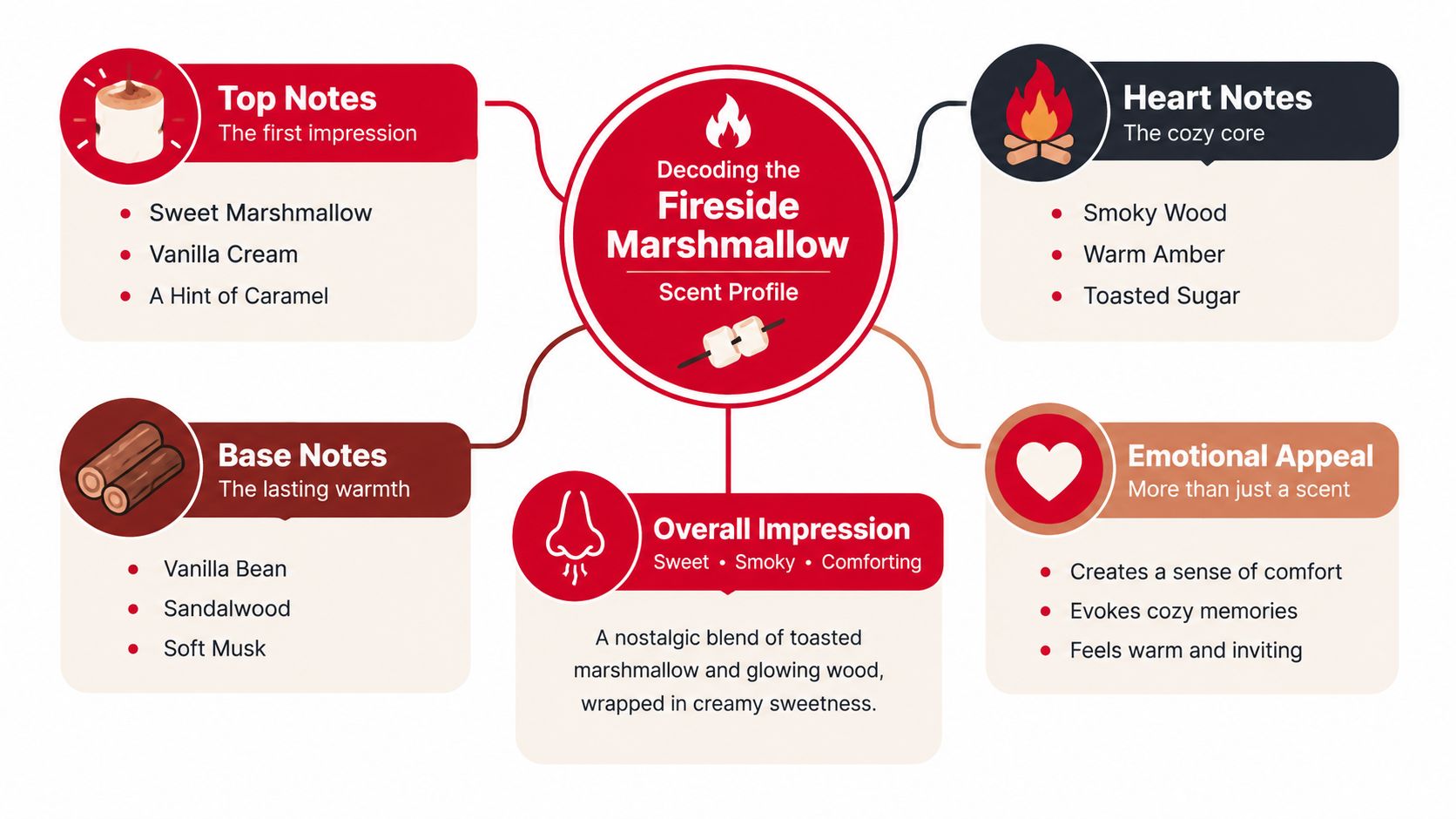 An infographic detailing the scent profile of a Fireside Marshmallow candle, highlighting top, heart, and base notes.