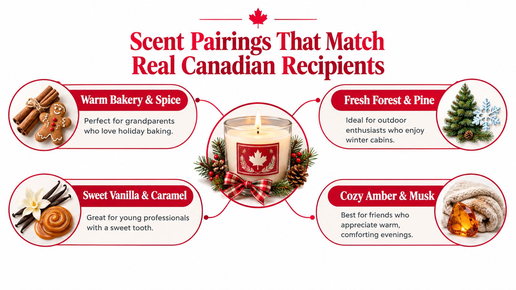 A graphic showing four different scented candle pairings matched to specific types of recipients for Christmas gifting.