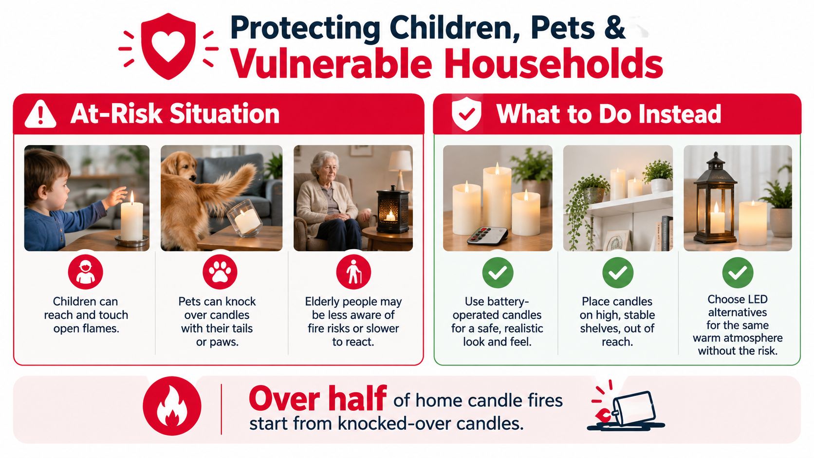 An infographic illustrating candle safety tips for protecting children, pets, and vulnerable individuals in the home.