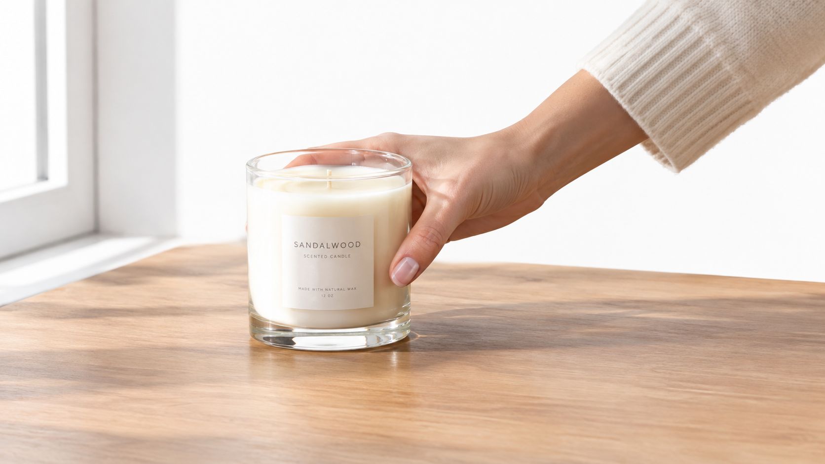 A hand placing a glass sandalwood scented candle on a wooden table near a window.