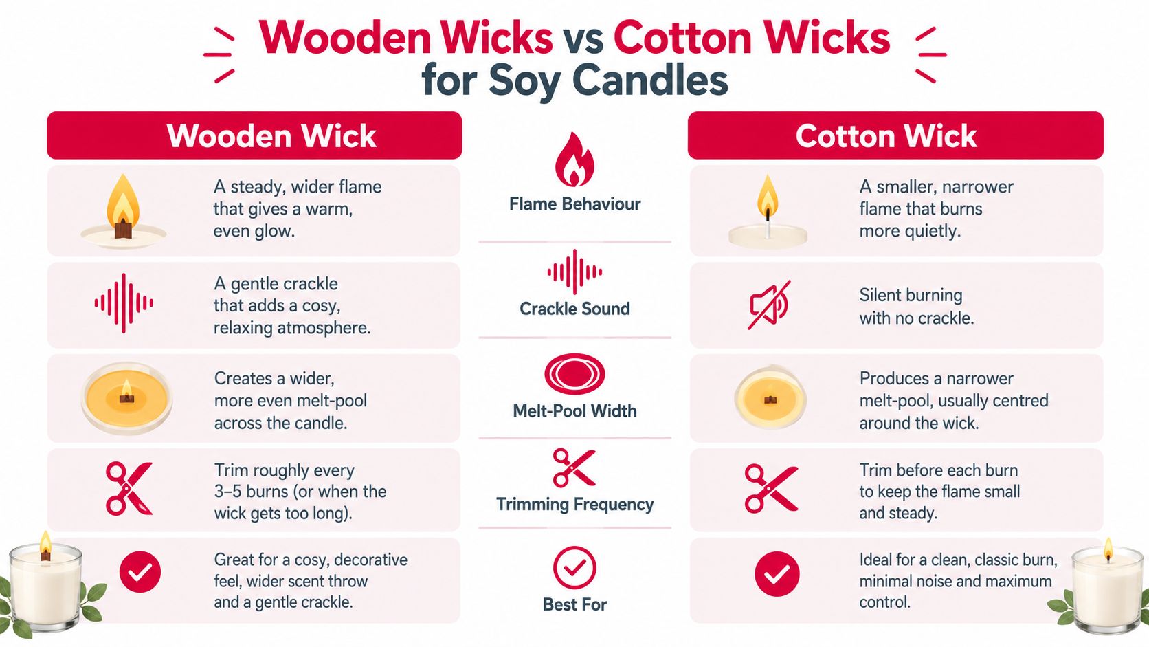A comparison chart showing the differences between wooden wicks and cotton wicks for soy candles.