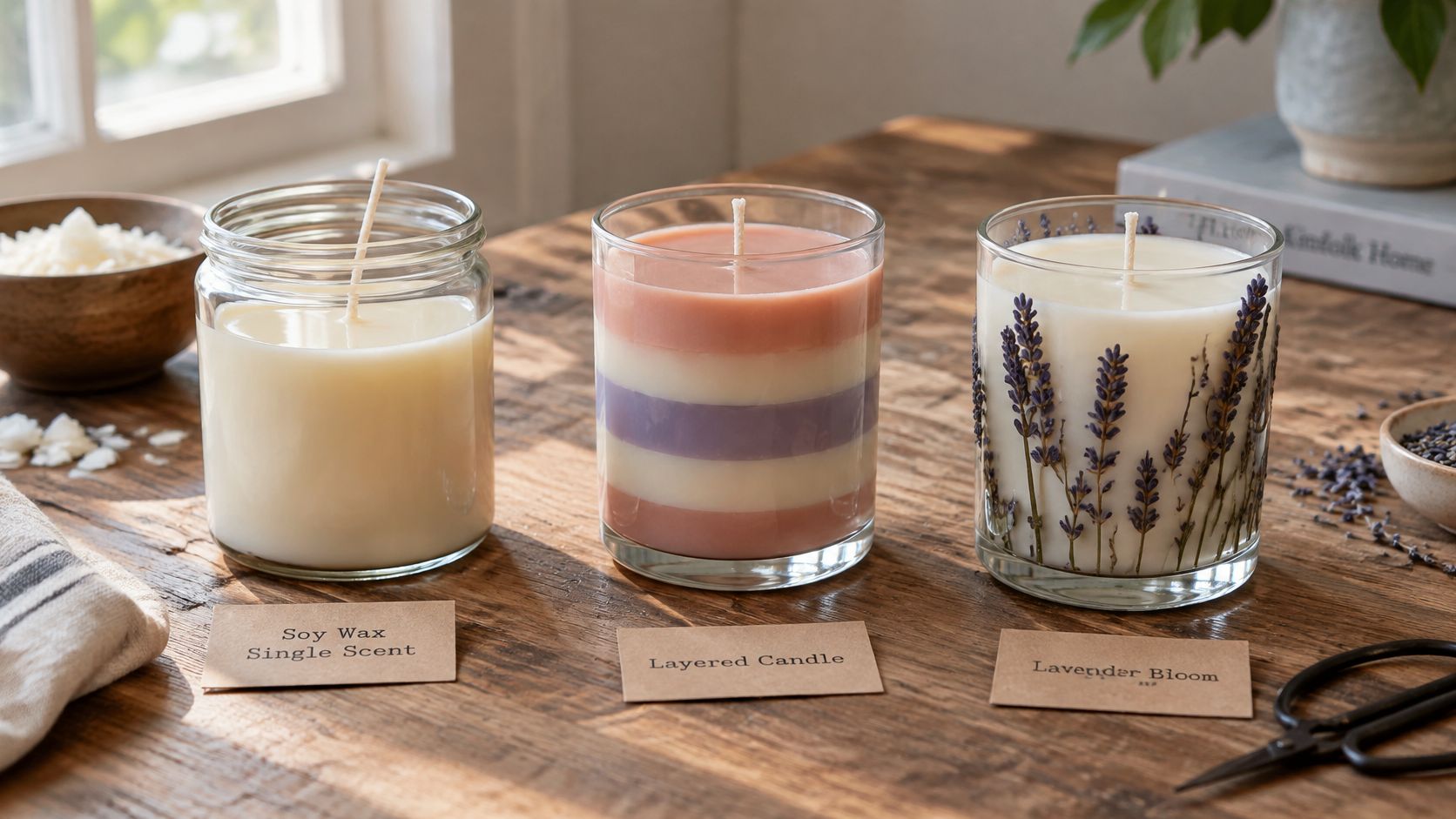 Three glass candles including a plain soy wax candle, a colorful layered candle, and a lavender-decorated candle.