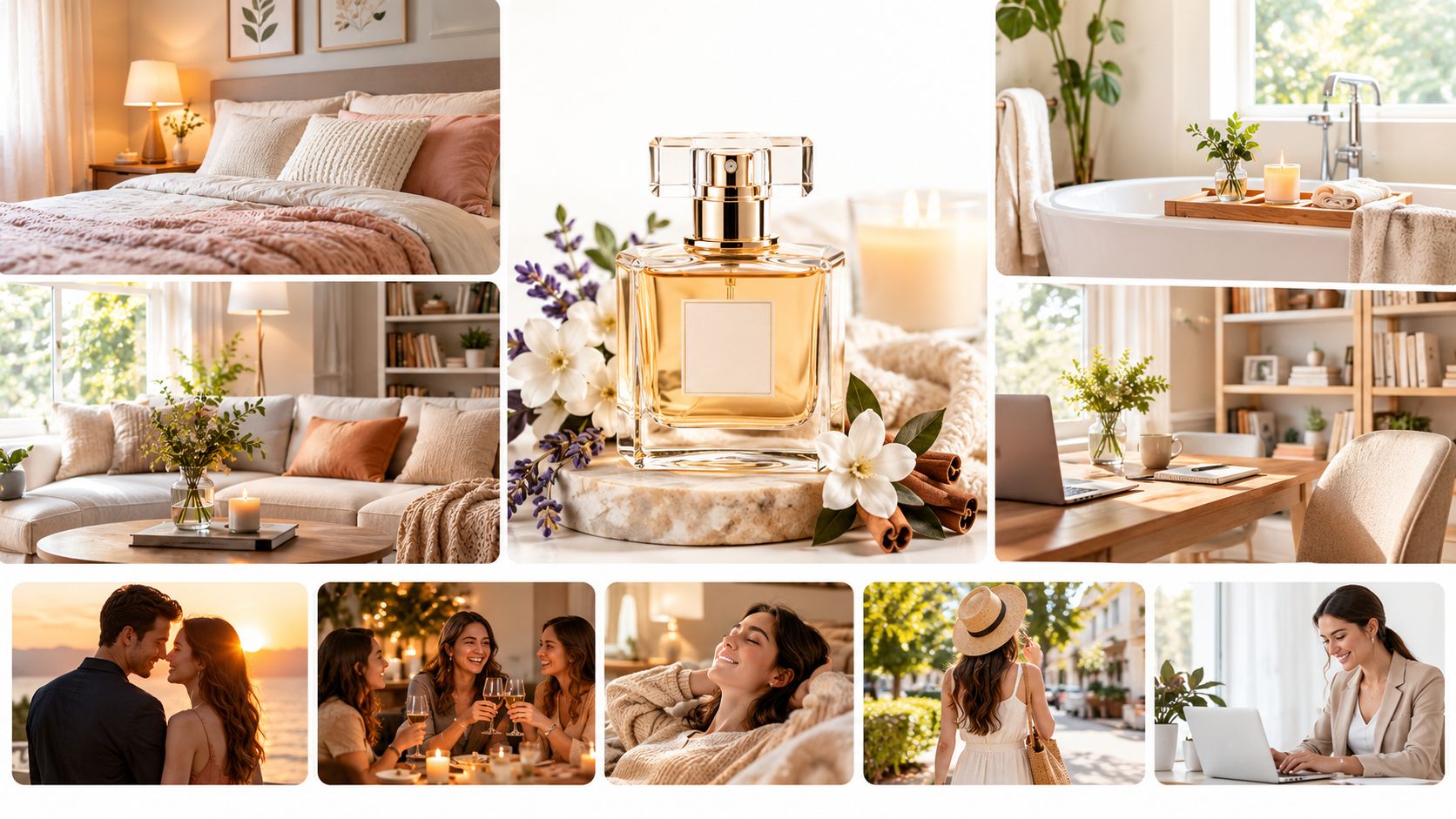 A collage showing a bottle of perfume, cozy home interiors, and people enjoying relaxing lifestyle moments.