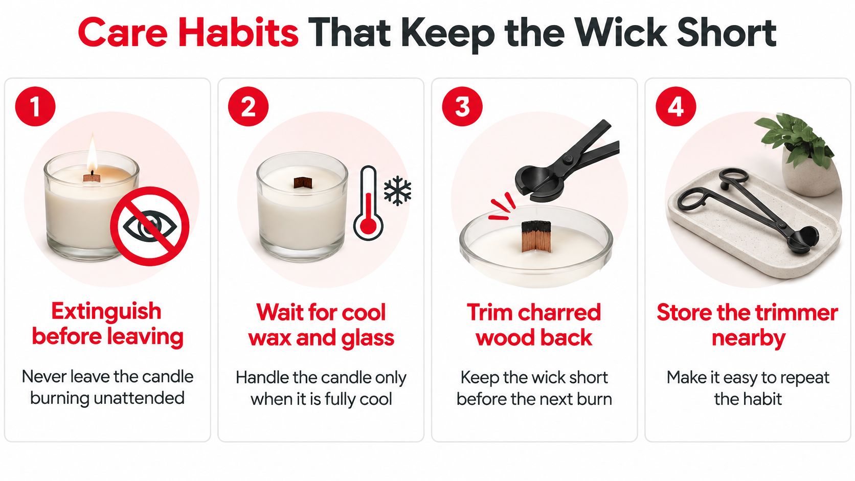 A four-step infographic illustrating essential care habits for keeping wood candle wicks trimmed and safe.