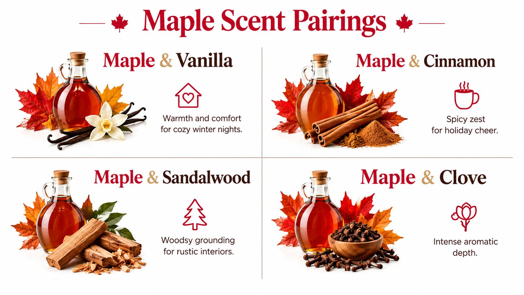 A visual guide showing various aromatic scent pairings for maple syrup candles, including vanilla, cinnamon, sandalwood, and clove.
