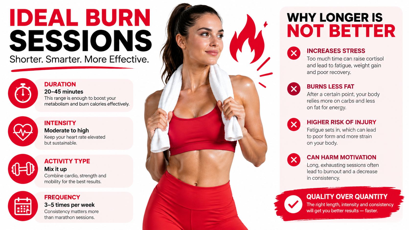A fitness infographic explaining why shorter, high-intensity workouts are more effective than longer training sessions.