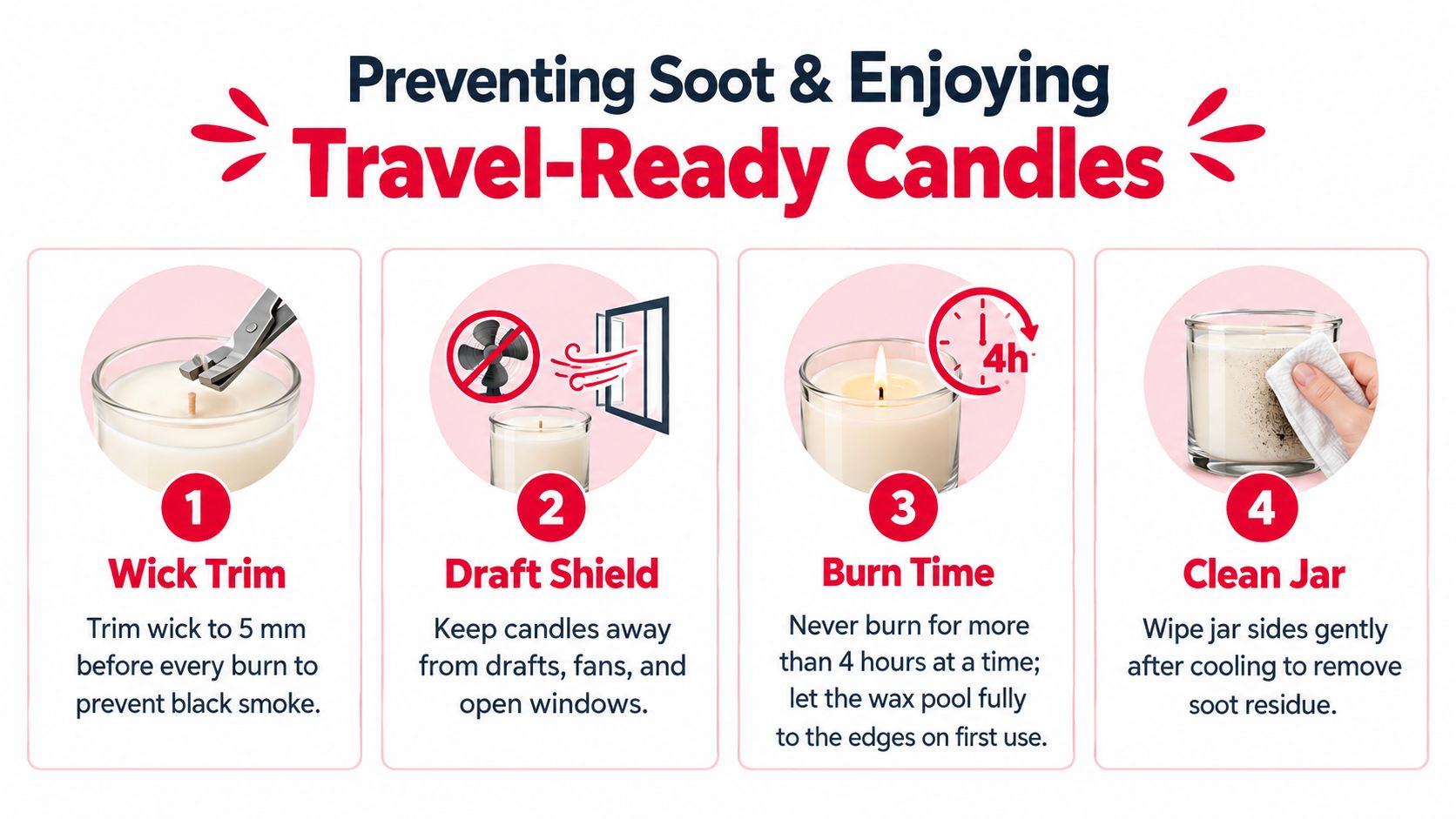 An infographic showing four essential steps to prevent soot and maintain candles properly for safety.