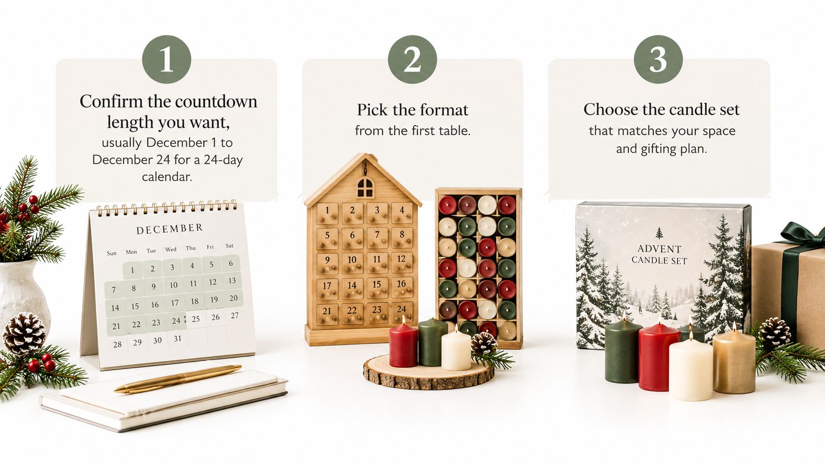 A three-step guide to choosing an advent calendar featuring a December calendar, a wooden candle advent calendar, and candles.