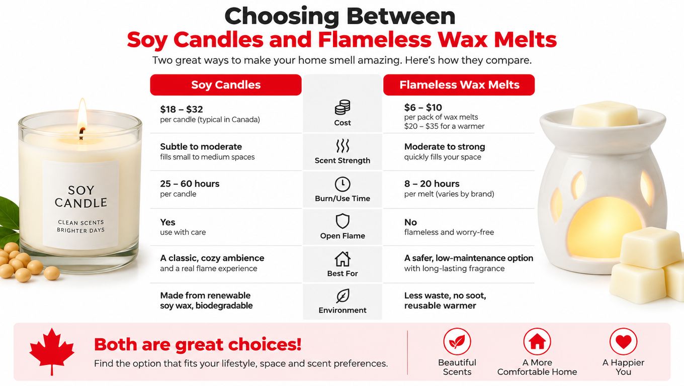 A comparison chart showing the differences between soy candles and flameless wax melts for home fragrance.