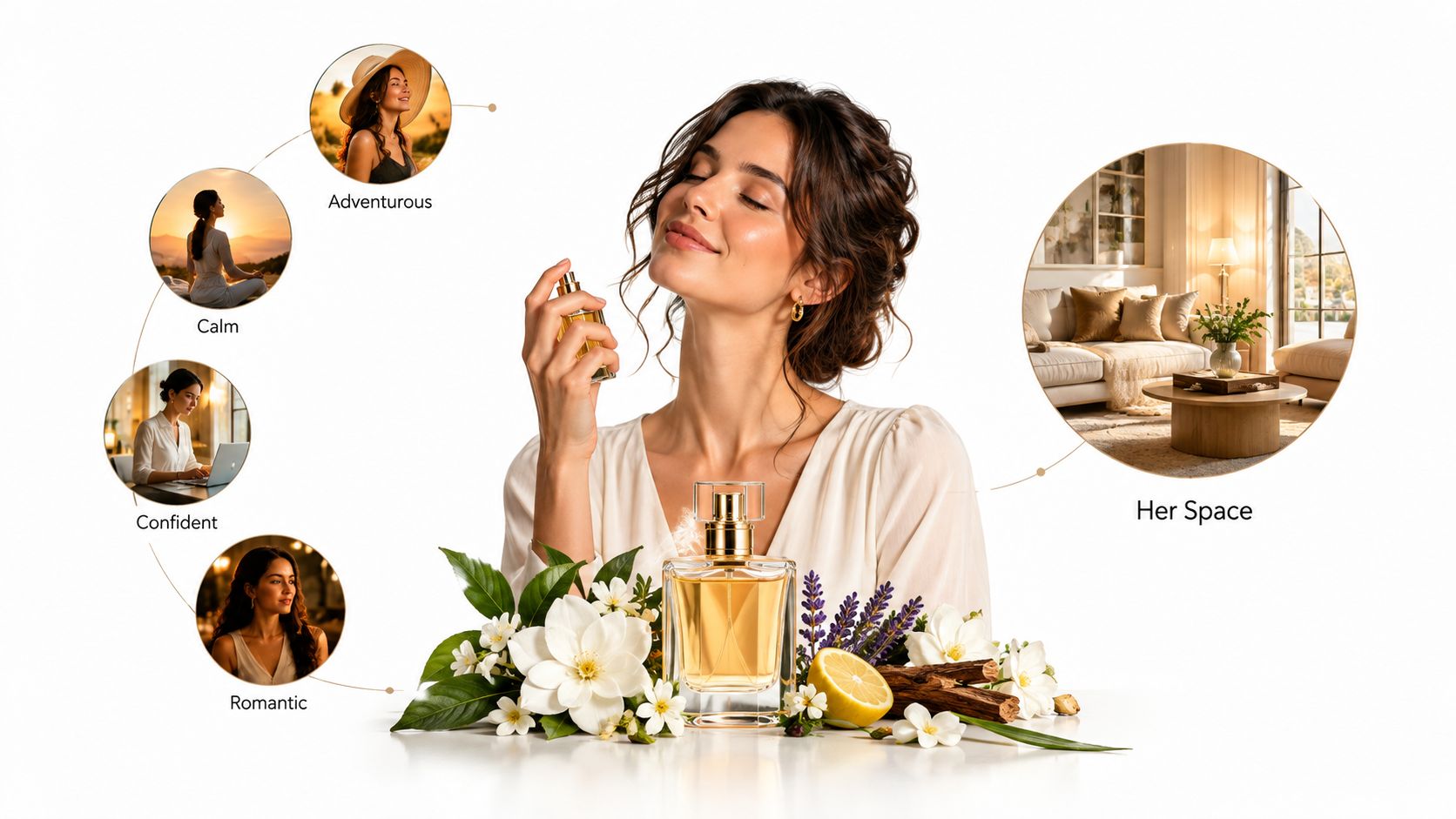 A woman wearing a white top sprays perfume, surrounded by floral imagery and lifestyle scenes representing fragrance qualities.
