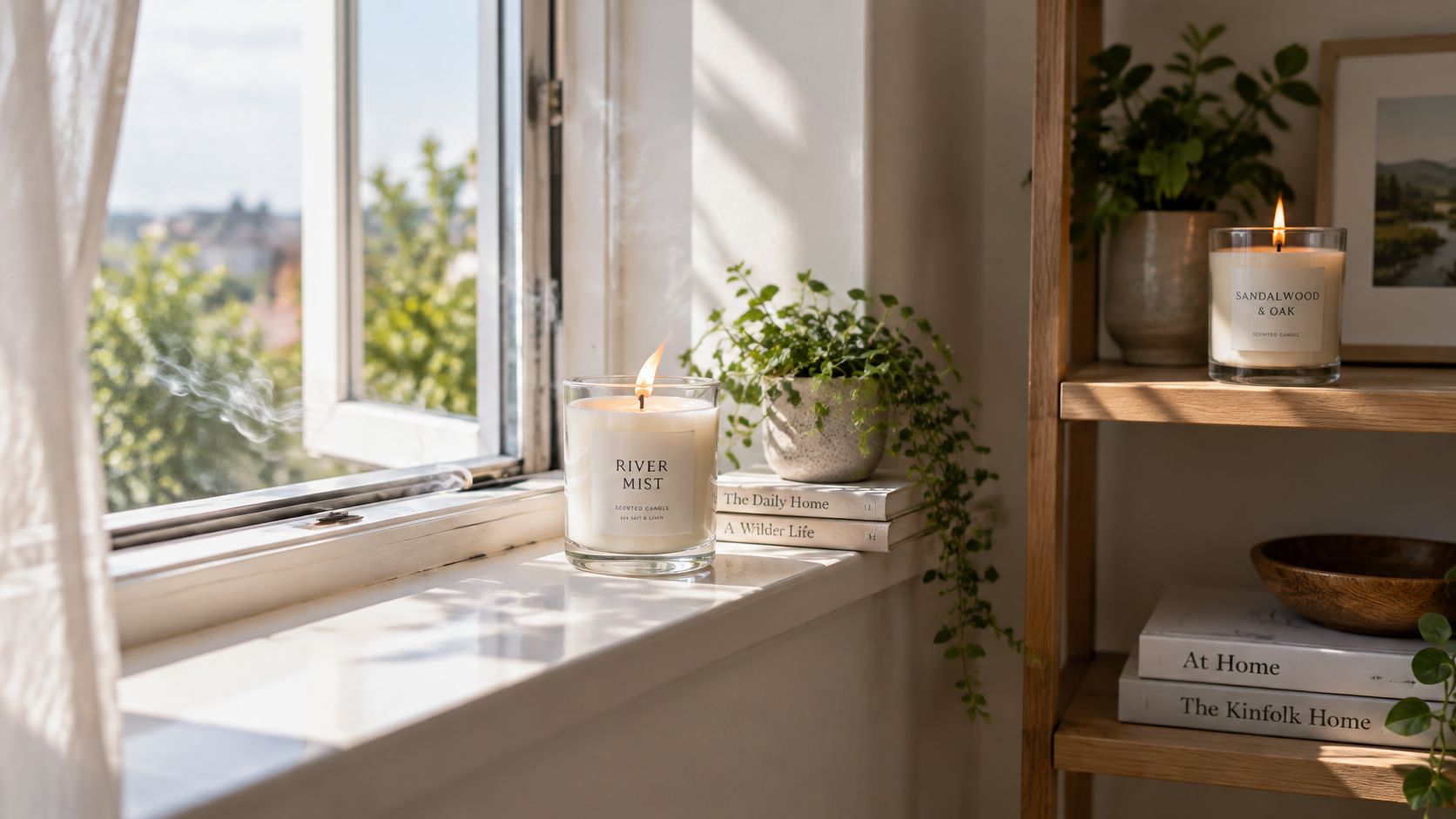 Scented candles burning on a bright windowsill beside a small potted plant and stacked decorative books.