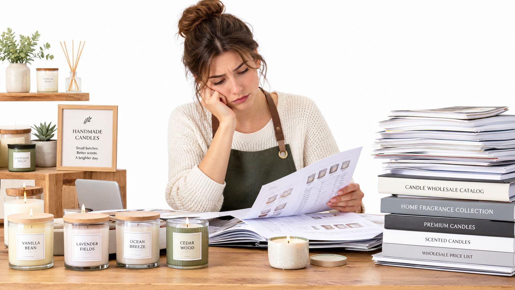A frustrated candle maker reviews wholesale catalogs while sitting at a wooden desk filled with scented candles.