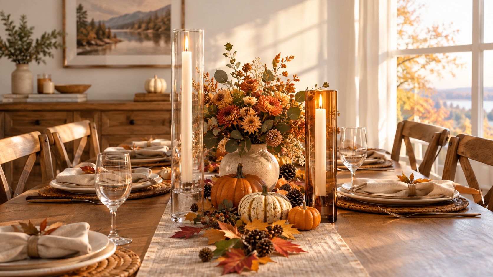 A beautifully decorated dining table featuring glass taper candle holders, autumnal flowers, and miniature decorative pumpkins.