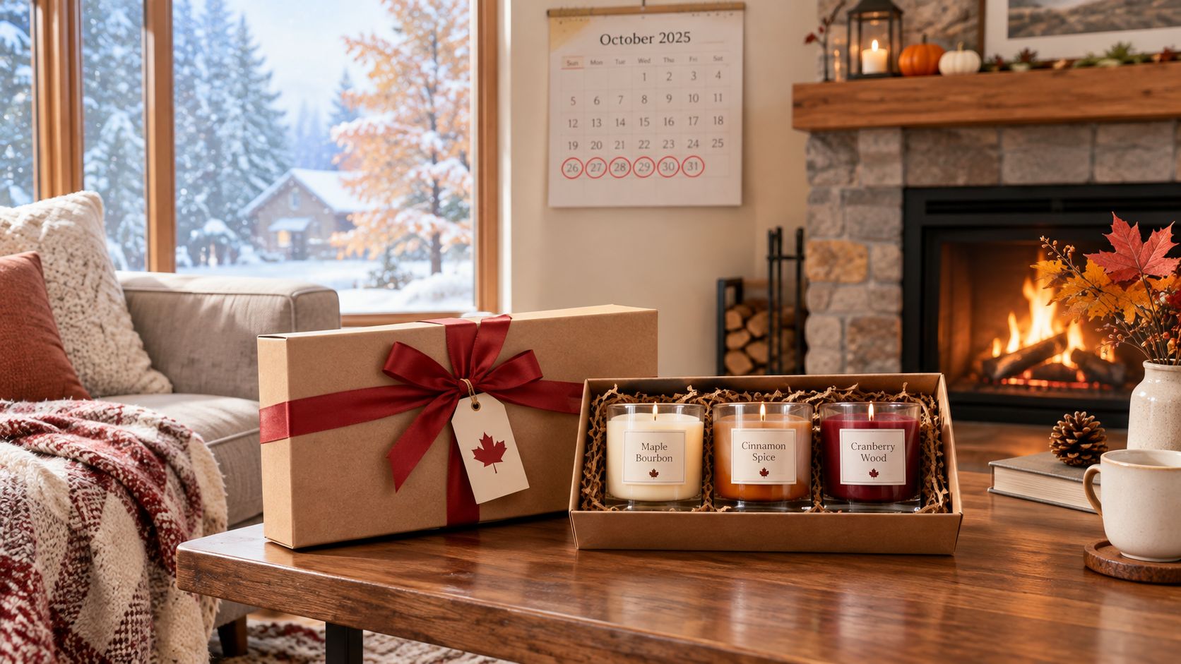 A cozy holiday scene featuring a candle gift set with three scented candles on a wooden table.
