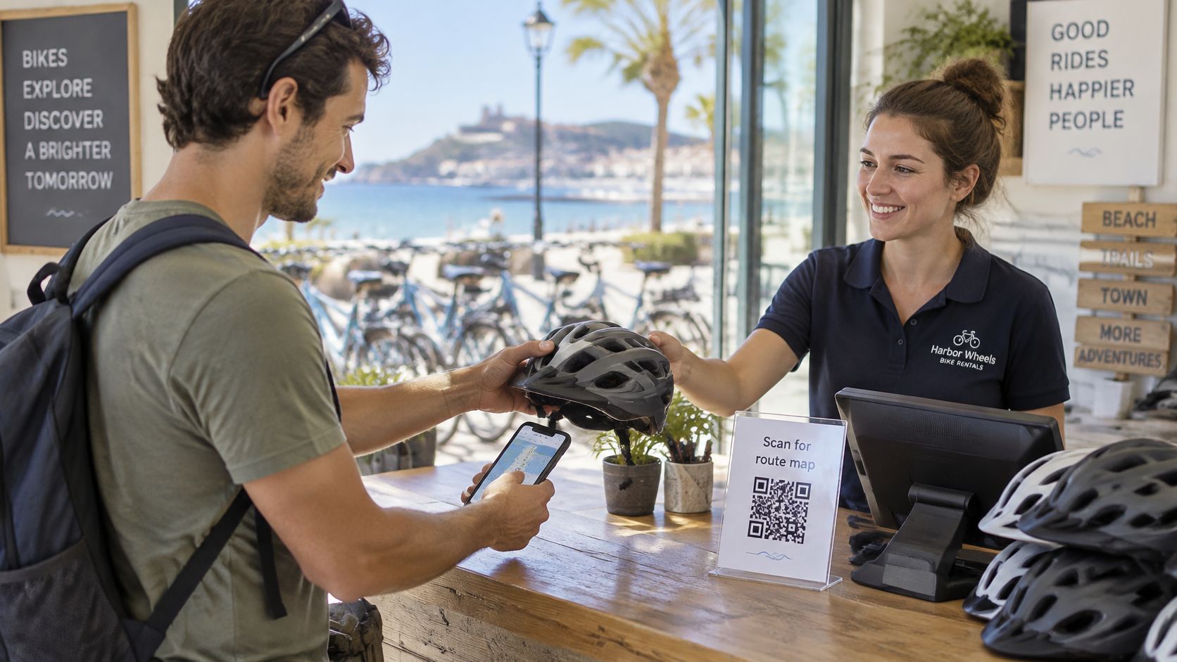 A woman helping a customer with a bike helmet rental at a bike shop counter.