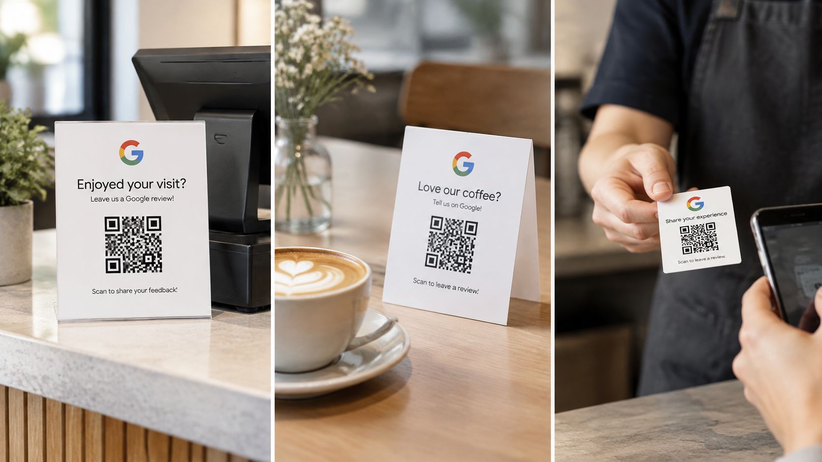 A composite image showing various QR code signage used to prompt customers to leave Google reviews.