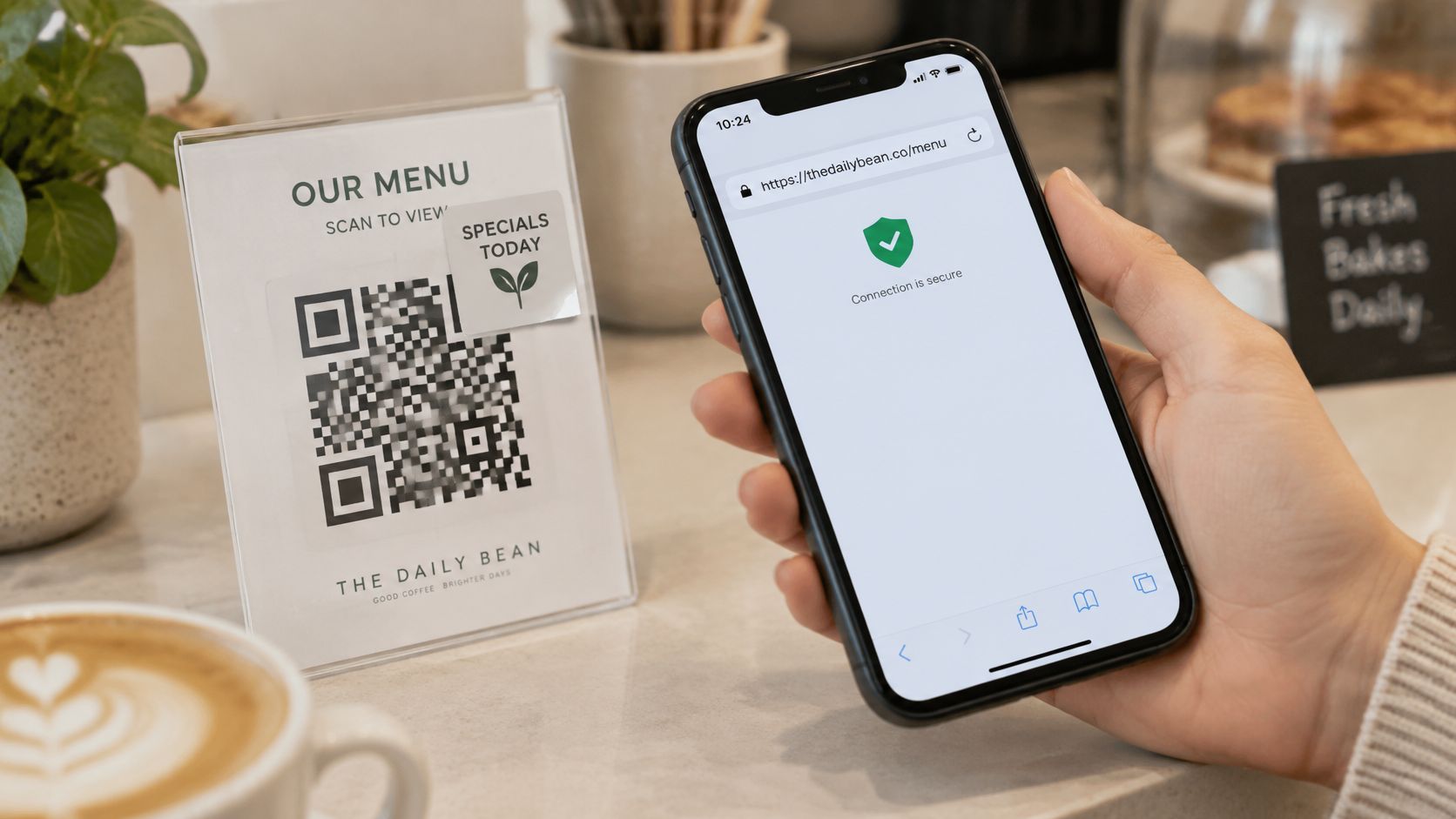 A customer uses a smartphone to scan a QR code for a digital menu at a cafe.